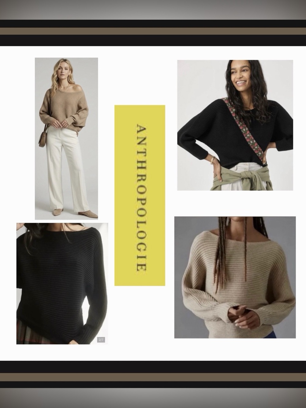 NWT Two Anthropologie Ribbed Soft Kendall Boatneck Sweaters Tan and Black Sz S